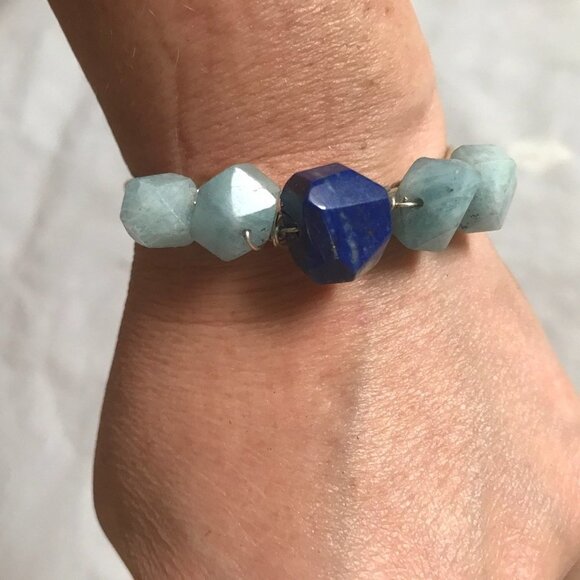 Lapis Lazuli Aquamarine Sterling Silver 925 Cuff Bracelet Handmade Gemstone - Picture 6 of 7